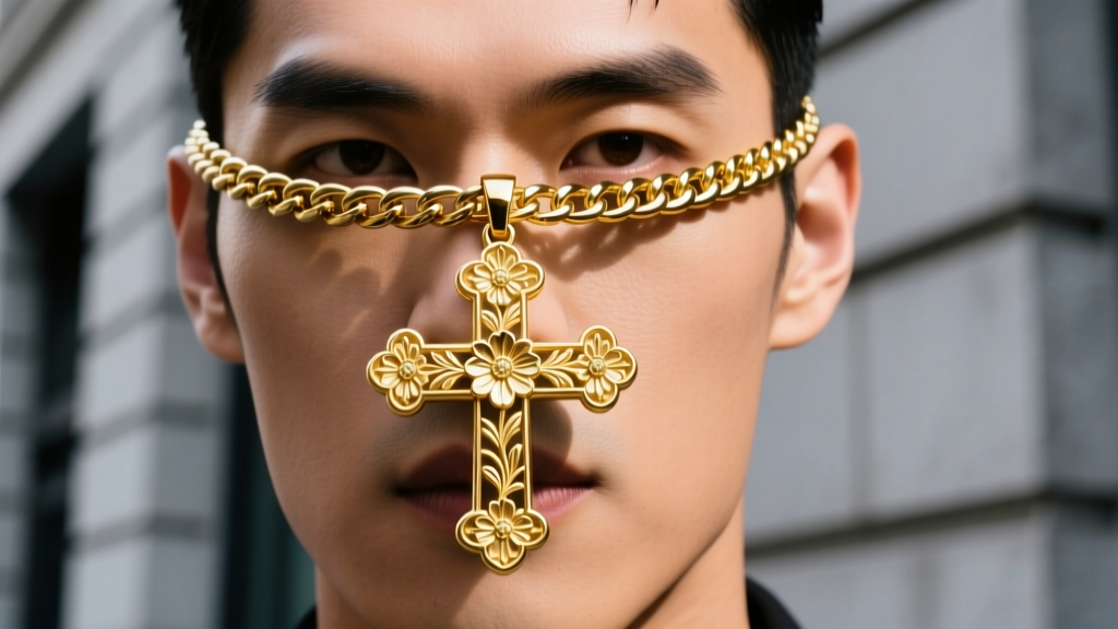 Close-up of a man wearing a layered 18k gold-plated Chrome Hearts Floral Cross pendant on a thick 5mm cuban link chain