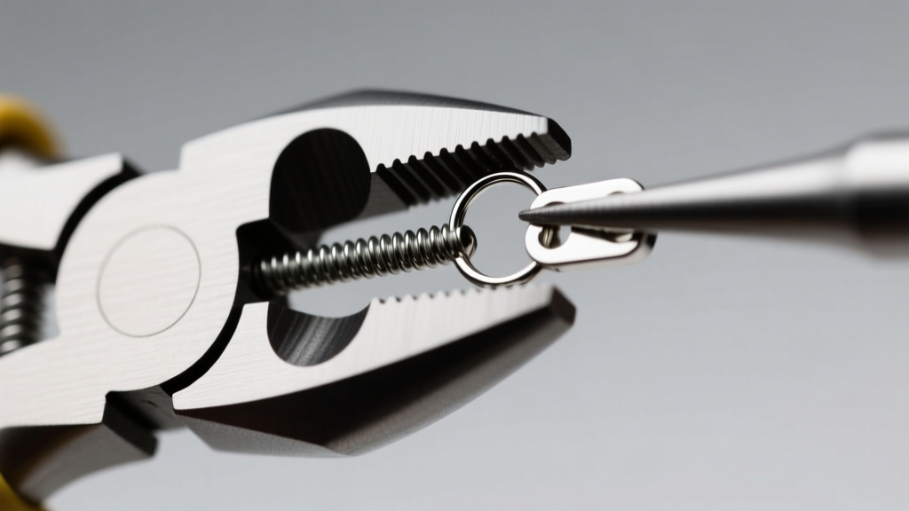 Soft-jaw nylon pliers gently adjusting the tension spring on a silver screw-back clip earring mechanism under bright studio light