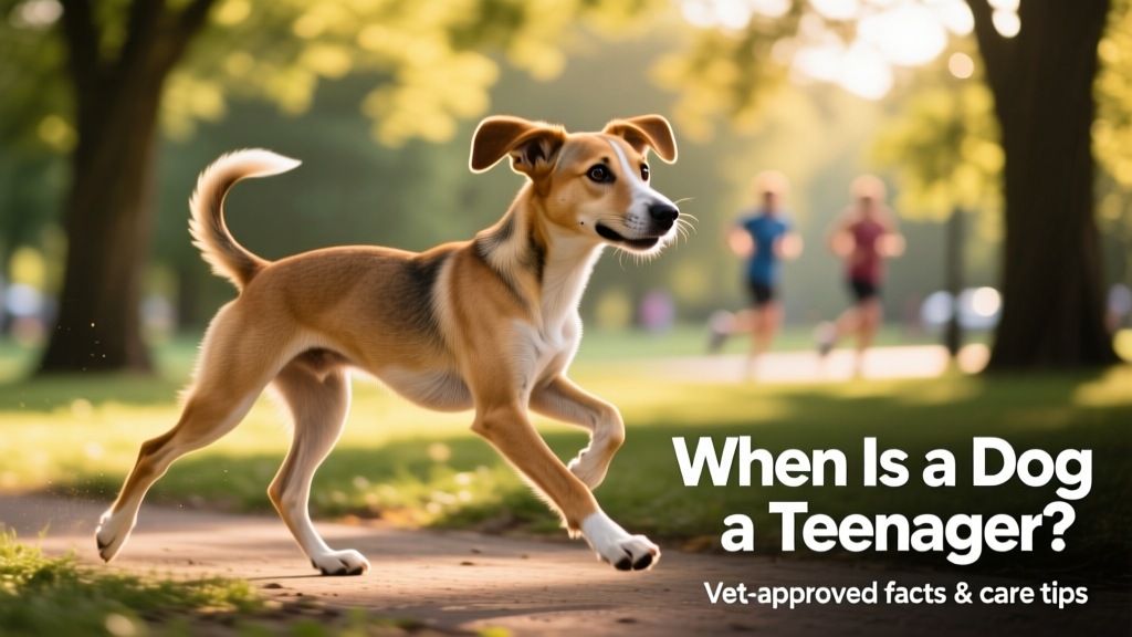 A lanky, energetic young dog mid-stride during a park walk, showing early signs of awkward growth and high energy