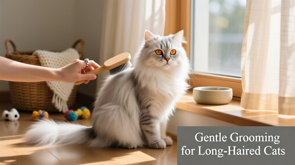 A calm long-haired cat sitting comfortably while being gently brushed by a hand holding a soft-bristle brush