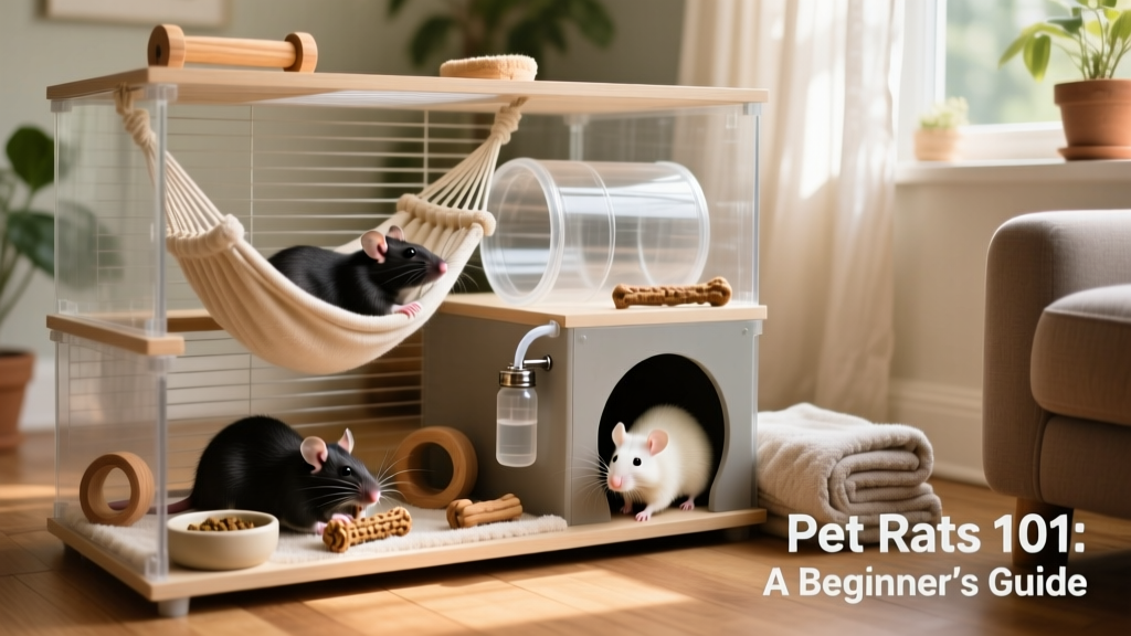 Well-appointed multi-level rat cage with hammocks, tunnels, and chew toys
