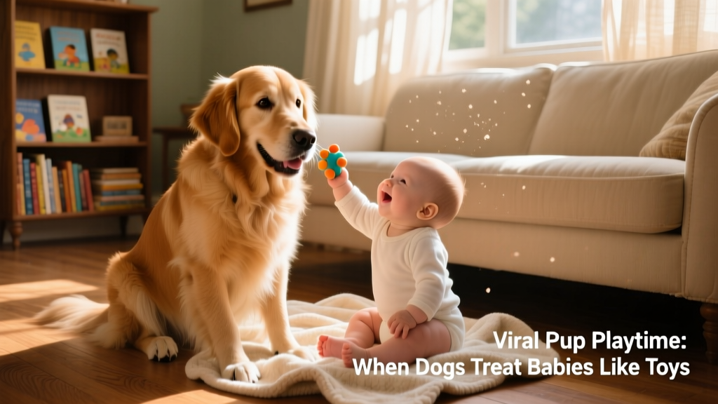 Happy golden retriever sitting beside a baby in a sunlit living room, both looking relaxed and content