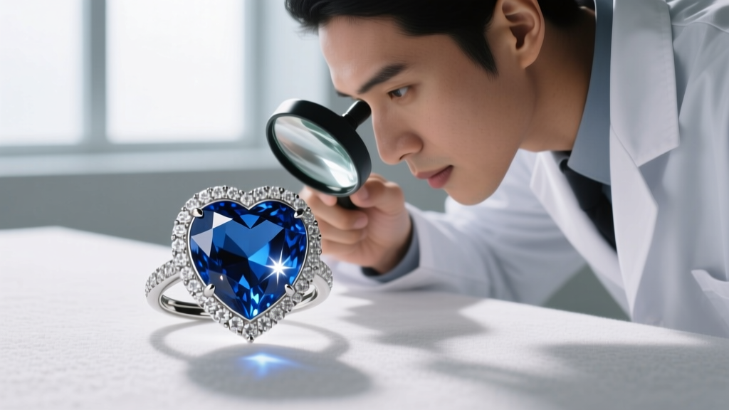 Jeweler using a loupe to inspect the pavilion facets of a heart-shaped Ceylon sapphire set in a platinum diamond halo pendant