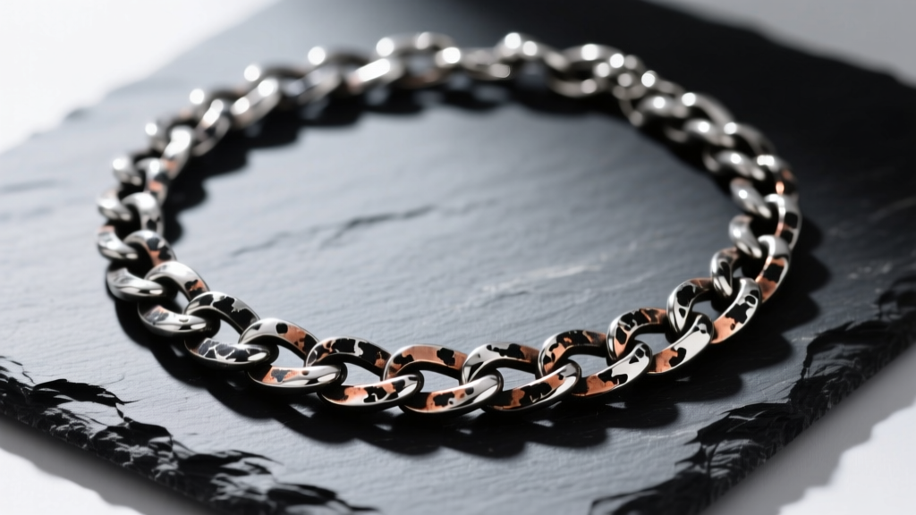 Overhead view of heavily tarnished 925 sterling silver chain necklace on dark slate, showing black silver sulfide oxidation.