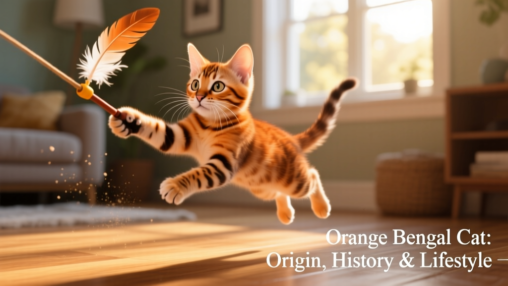 Young orange-toned Bengal kitten playing with a feather wand toy, mid-leap