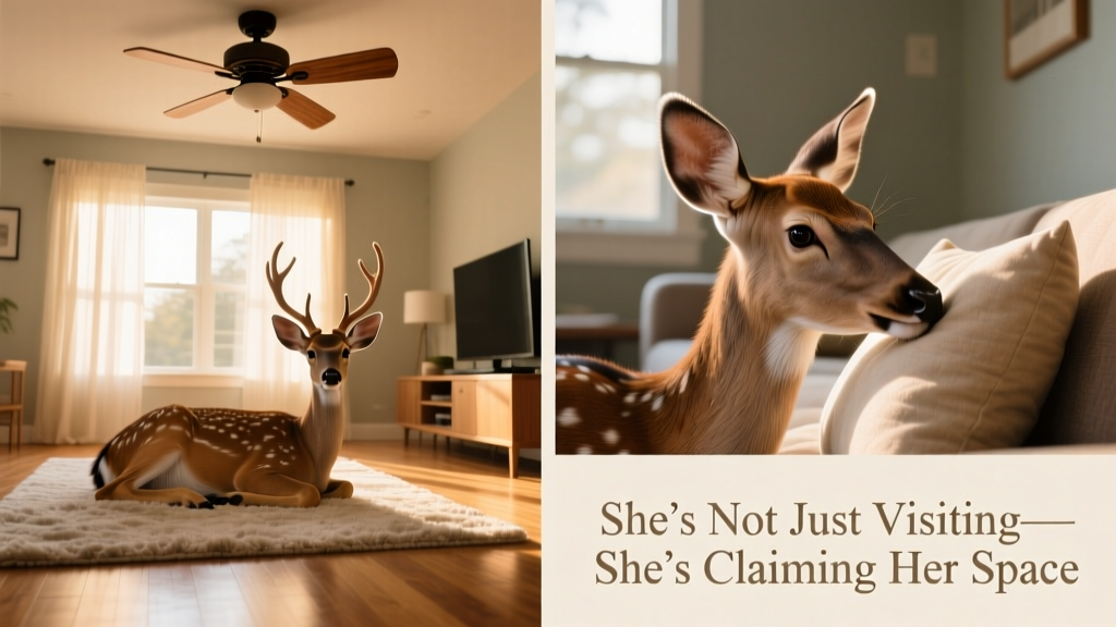 Side-by-side stills: one showing the deer calmly resting near a ceiling fan, another showing her gently nuzzling a cushion—both indoors