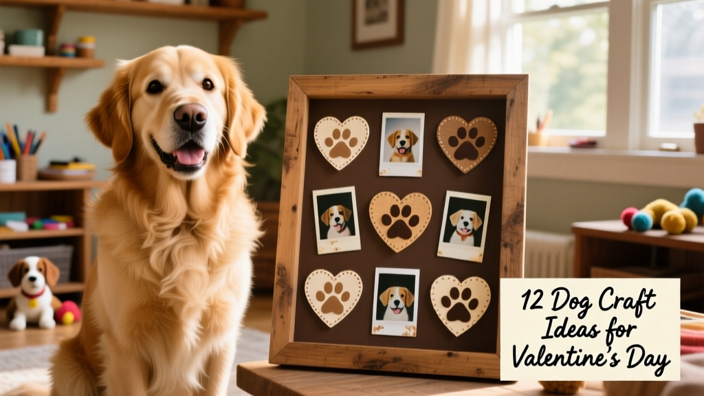 A cheerful Golden Retriever posed beside a collage of Polaroid-style photos featuring hearts and paw prints