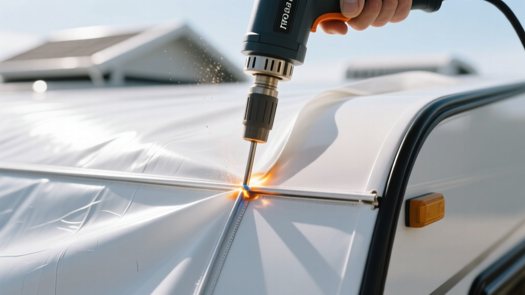 Close-up of a white TPO rubber RV roof membrane being heat-welded at the seams with a specialized hot air gun on a travel trailer