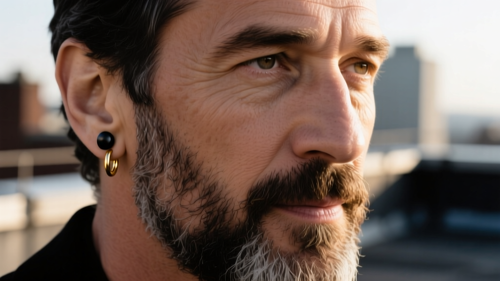 Close-up portrait of a bearded man wearing a minimalist black titanium stud in his lobe and a gold huggie in his helix.