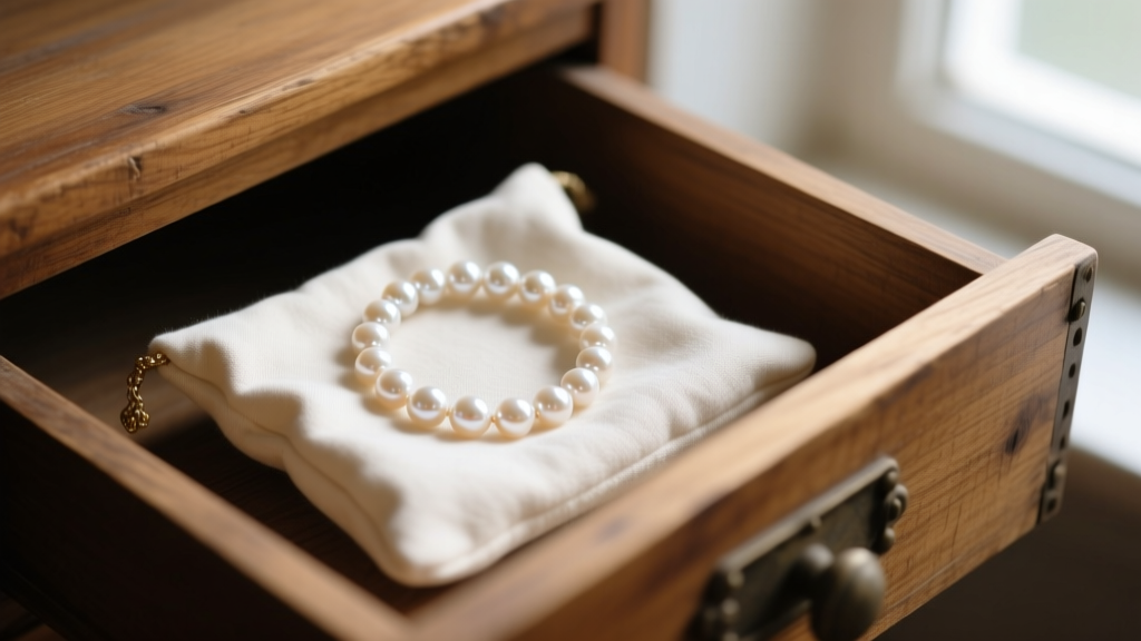 Cotton pouch holding a baroque pearl necklace, stored safely in a dim wooden drawer away from harsh, direct sunlight.
