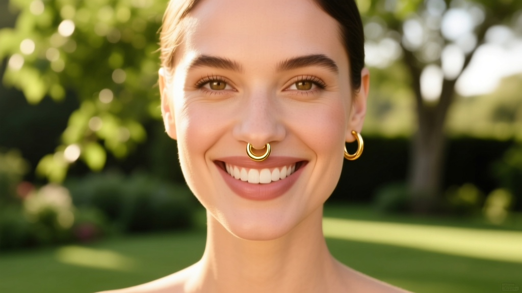 Woman smiling, wearing a 14k gold seamless septum hoop, lit by warm golden hour sunlight against a softly blurred green backdrop