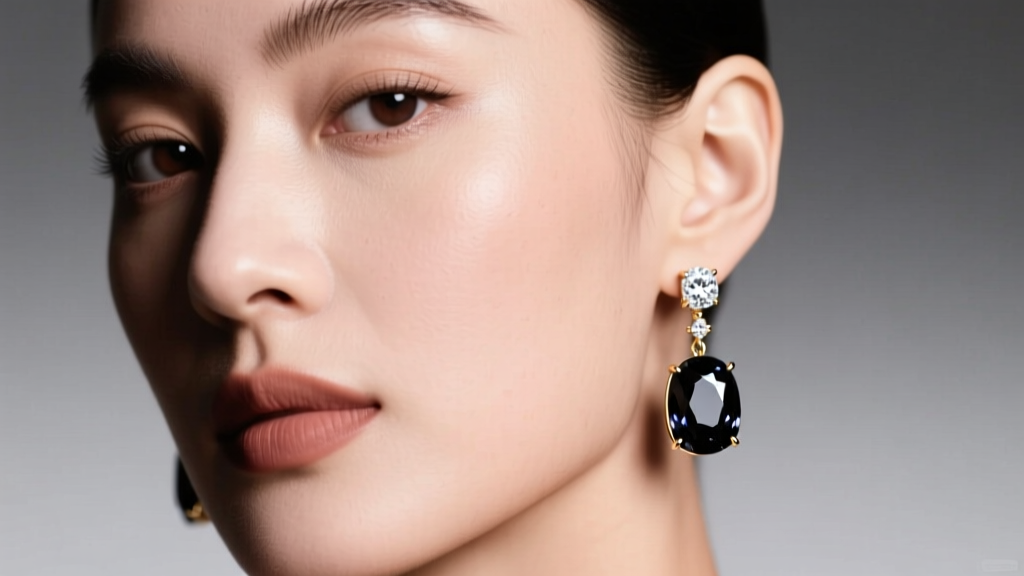 Close-up of a woman wearing 18k white gold black diamond drop earrings, highlighting dark stones against soft studio lighting