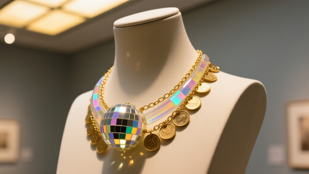 Iridescent resin disco ball necklace layered with a thin gold coin chain on a mannequin neck under warm ambient gallery lighting.
