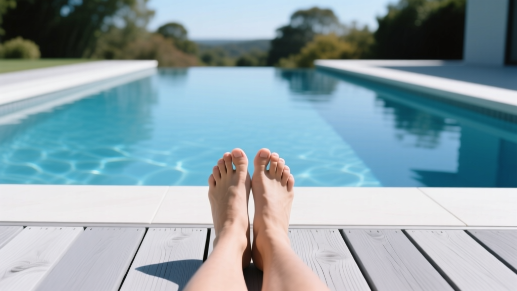 Bare feet standing comfortably on light-gray capped composite deck boards beside a pool under bright, direct summer sunlight