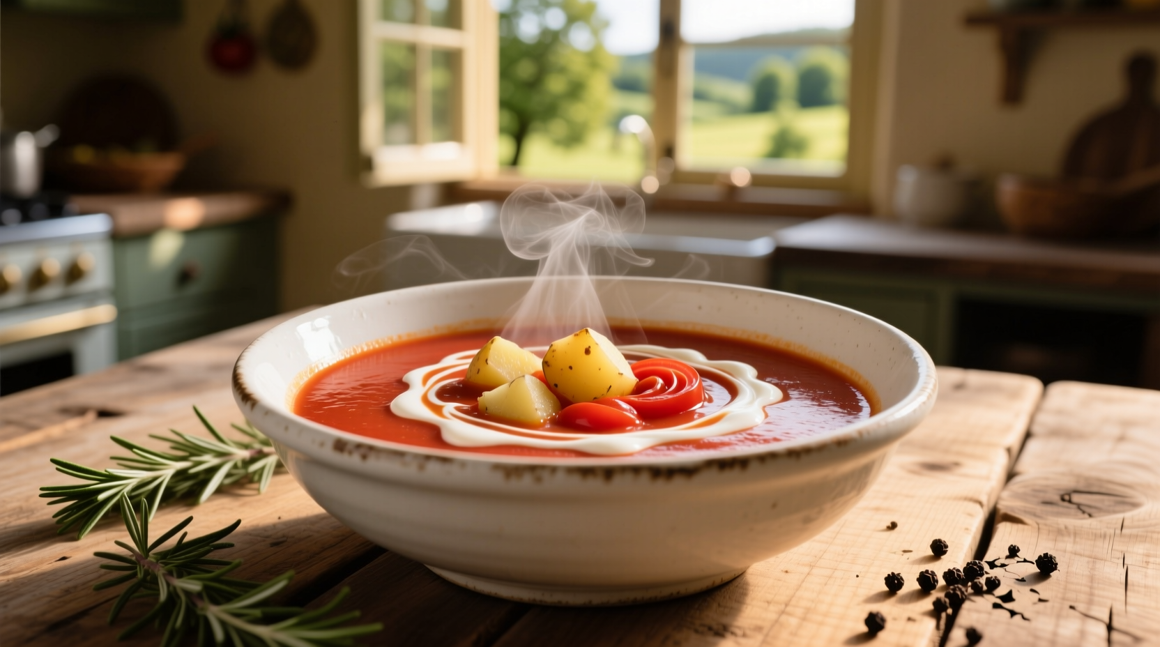 Creamy tomato and potato soup in white bowl