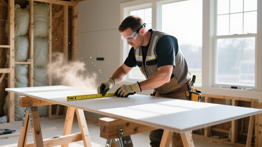 Contractor measuring and cutting a sheet of Type X fire-rated gypsum board on sawhorses in a brightly lit residential framing site