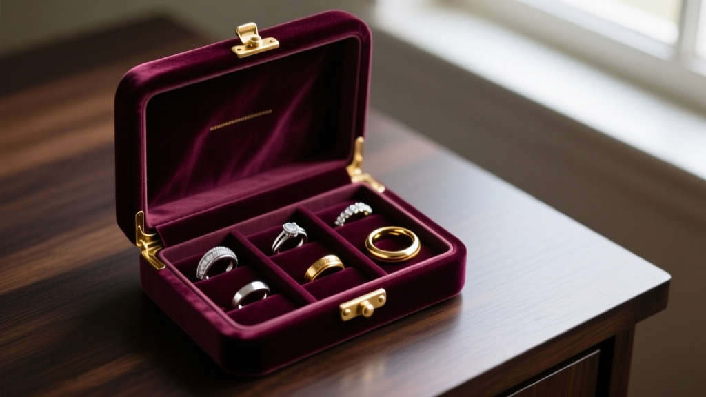 Top-down view of an open plum velvet jewelry box with brass hardware, displaying silver rings and gold hoops on a dark oak desk.