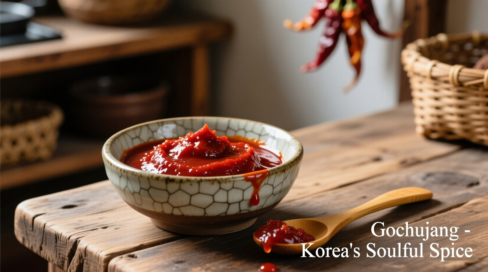 Close-up of traditional Korean gochujang in ceramic bowl