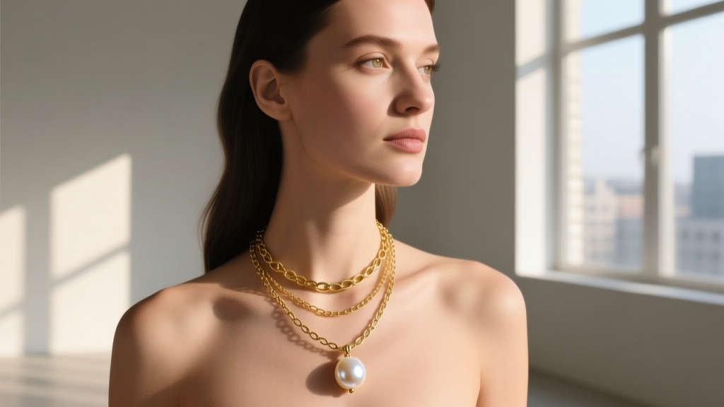 Woman wearing a layered stack featuring a Pilgrim Danish design baroque pearl pendant mixed with delicate solid gold link chains.