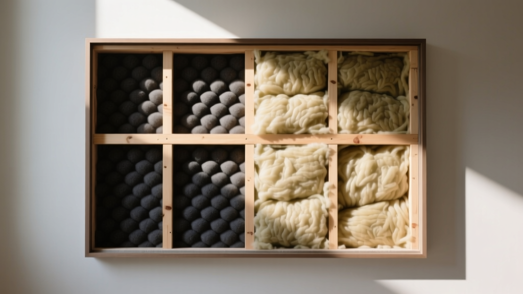 Framed wall cross-section revealing dense mineral wool batts between wooden studs, highlighting dual soundproofing and thermal layers