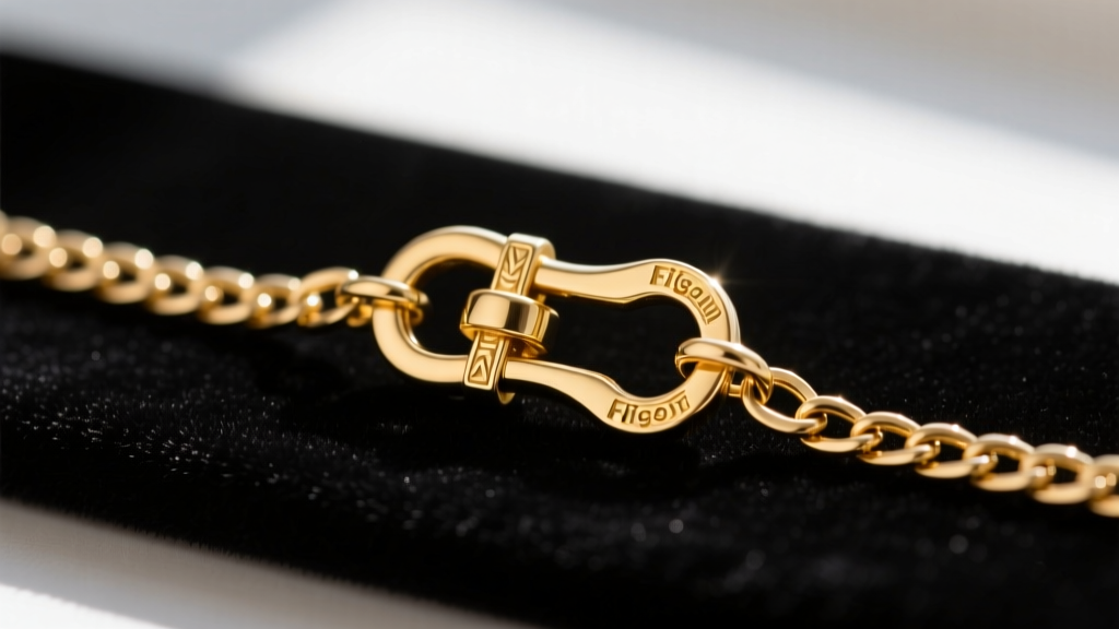 Macro shot of a newly replaced 14k gold lobster clasp securely attached to a fine figaro chain resting on a dark velvet pad.