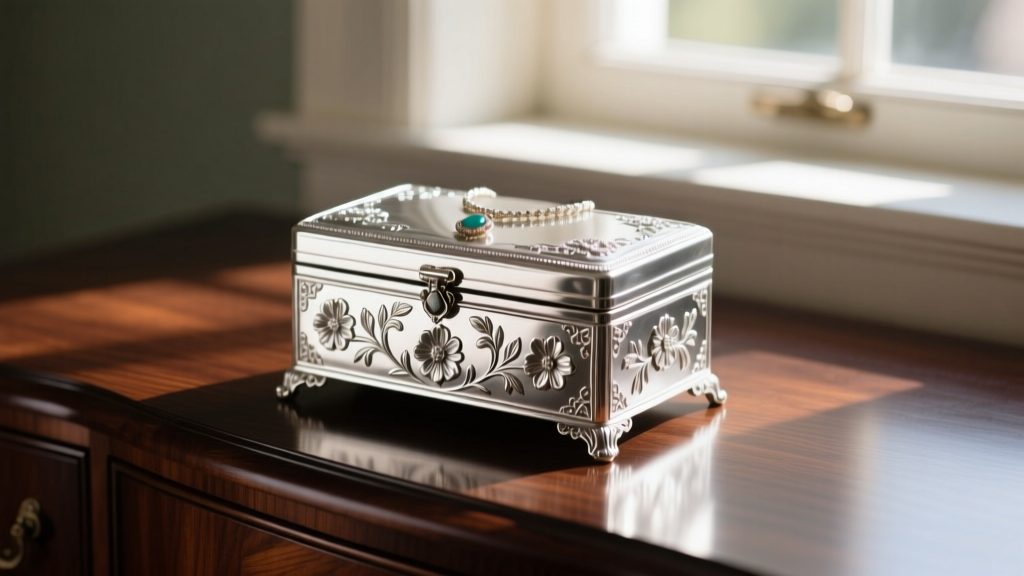 Restored vintage silver plated jewelry box with ornate floral engravings sitting on a dark mahogany dresser in soft morning light
