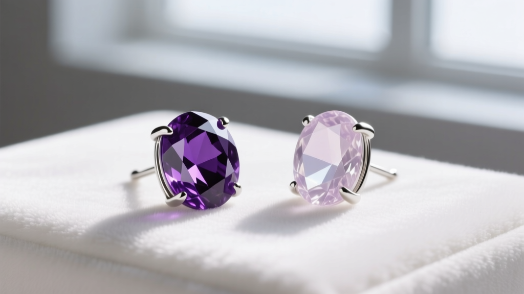 Side-by-side comparison of a deep violet heat-treated amethyst stud and a pale sun-faded amethyst earring on white velvet.