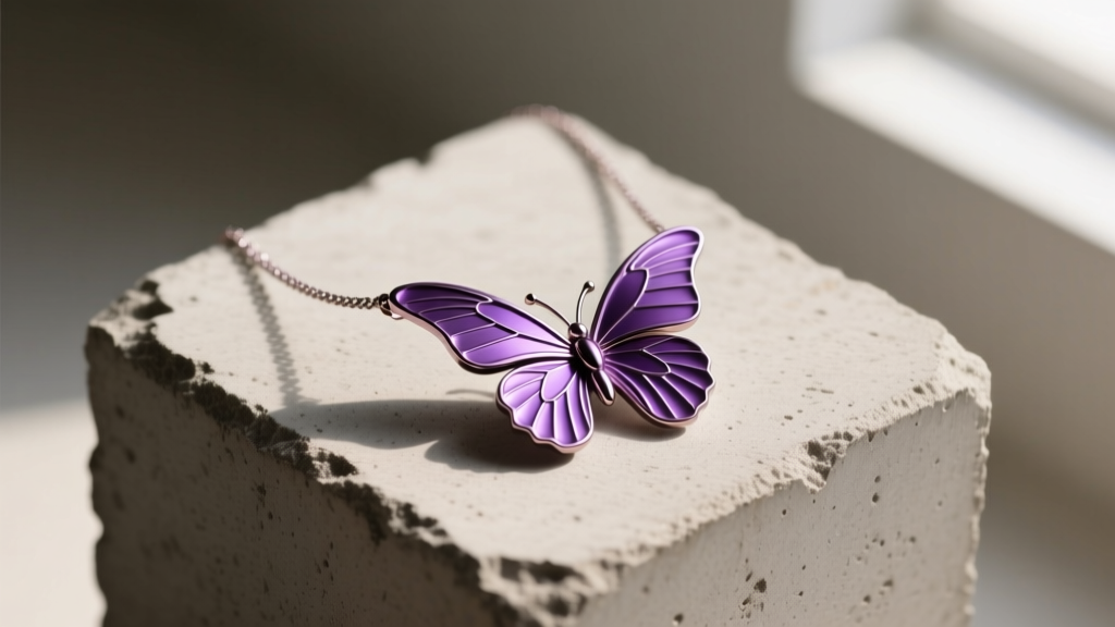 Anodized titanium purple butterfly necklace with a matte finish resting on a concrete block with soft directional shadows.