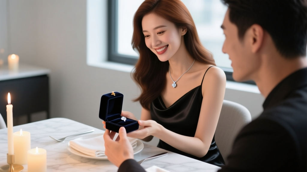 Smiling woman receiving a velvet box with a 14k white gold diamond pendant from her partner during a romantic candlelit dinner