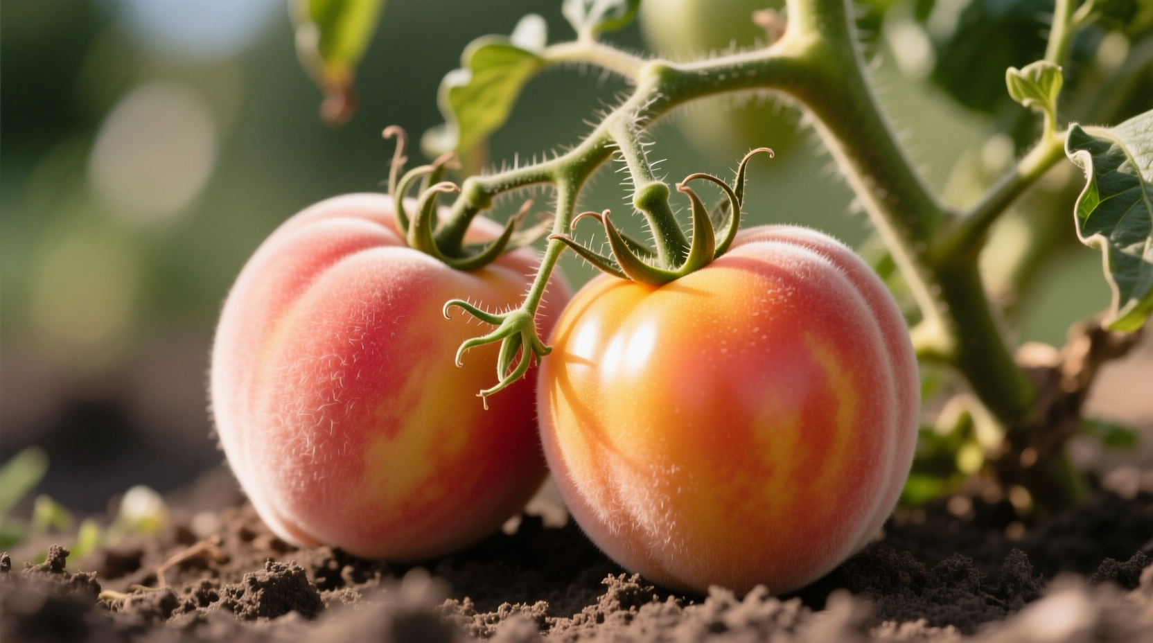 Ripe garden peach tomatoes on vine with fuzzy skin detail