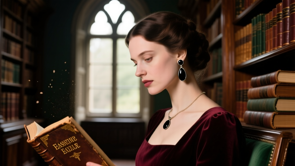 Profile of a woman wearing black onyx mourning dangle earrings, reading a leather book in a moody, dimly lit vintage library.
