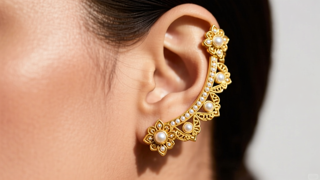 Close-up of a 22-karat gold bugadi ear cuff with intricate temple motifs and pearls on a model upper helix cartilage