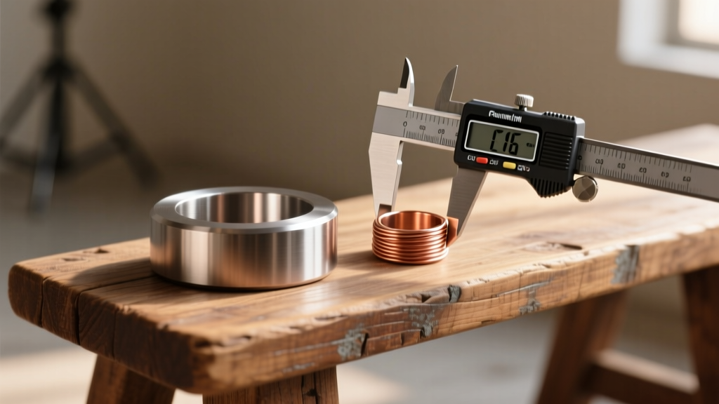 Steel ring mandrel on a wooden bench next to digital calipers measuring the inner diameter of a half-finished copper wire ring.