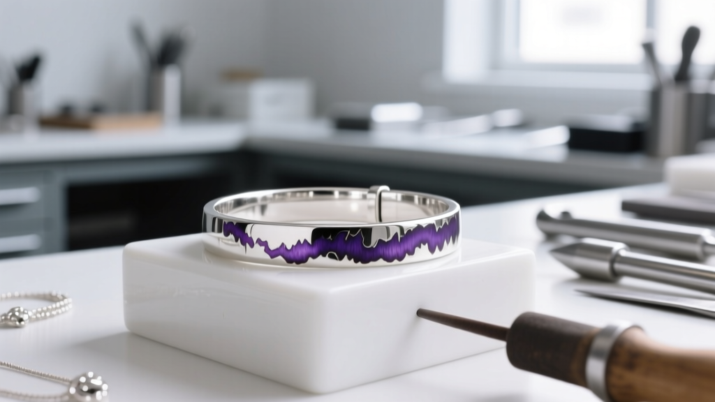 Sterling silver bracelet showing dark purple firescale on a white ceramic soldering block in a bright, well-lit jewelry workshop.