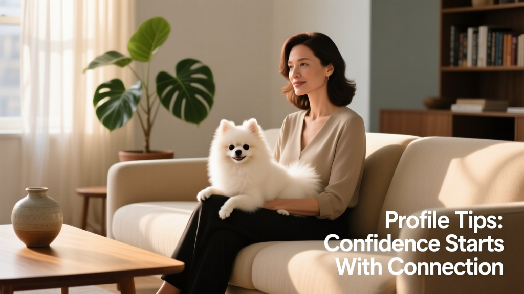 A relaxed sitter seated on a sofa with a calm, small white dog resting in their lap