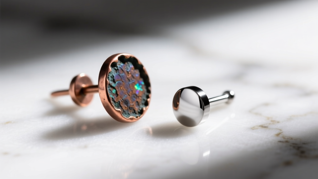 Macro shot of a tarnished copper alloy earring post next to a pristine implant-grade titanium stud on a white marble surface.