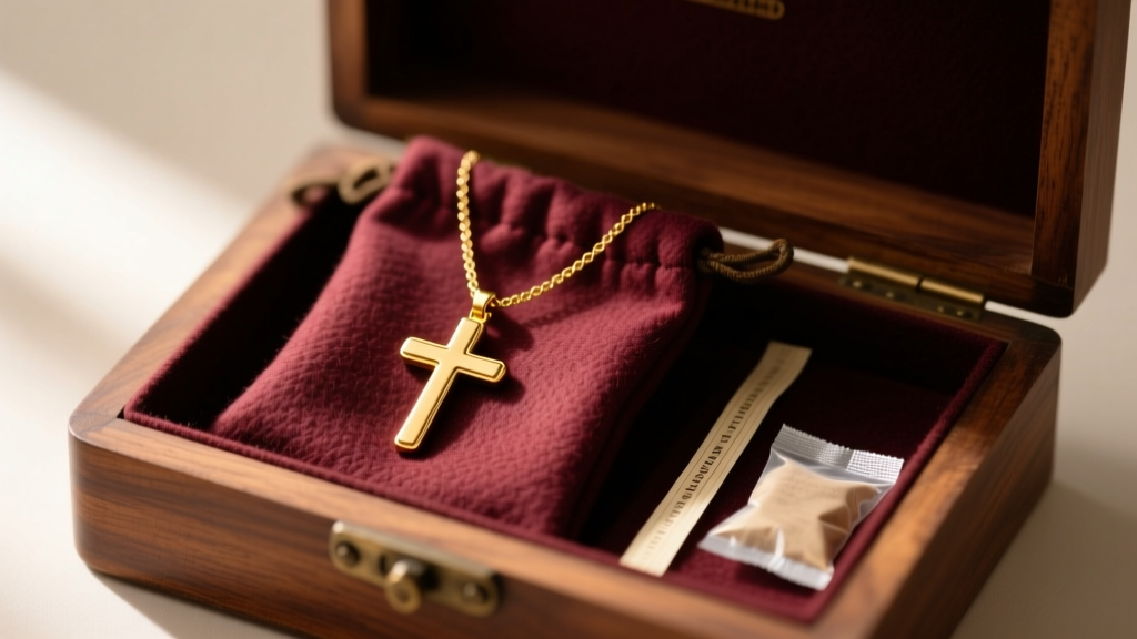 Gold cross necklace stored in a flannel pouch beside an anti-tarnish strip and silica packet inside an open wooden jewelry box
