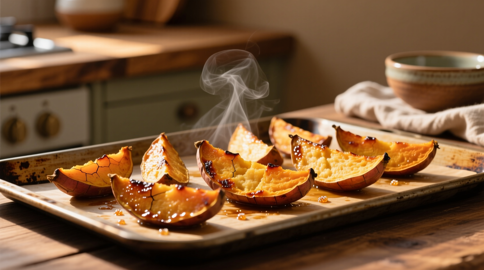 Perfectly roasted sweet potato wedges on baking sheet