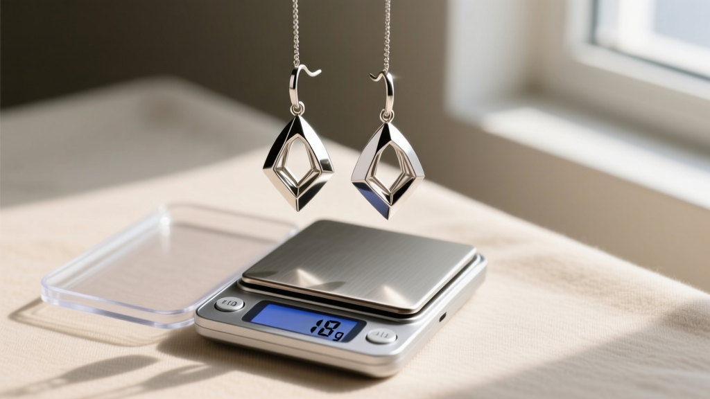 Heavy zinc-alloy drop earrings being weighed on a small digital jewelry scale, displaying a reading of 18 grams per earring.