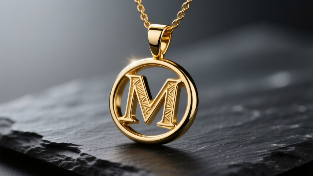 Macro shot of a polished 14k solid gold M initial pendant necklace on dark slate, illuminated by soft directional studio lighting