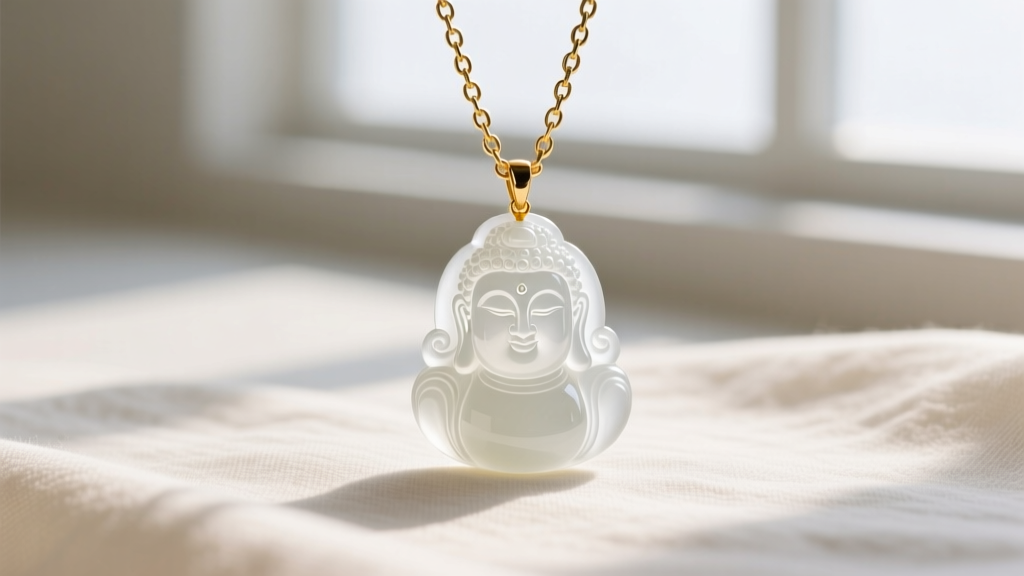 White nephrite Medicine Buddha pendant layered with a delicate 18k gold paperclip chain, resting on a neutral linen backdrop