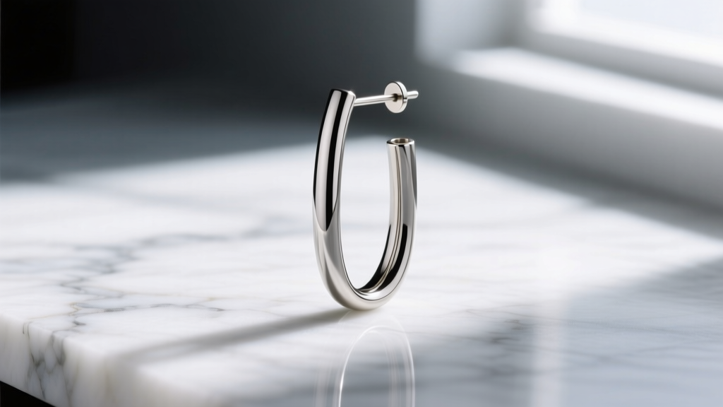 Close-up macro shot of lightweight hollow-tube titanium dangle earring on marble surface highlighting its sleek vertical geometry