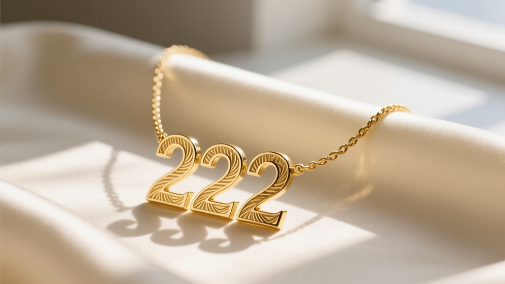 A 14k gold 222 necklace on cream silk, soft morning light highlighting laser-engraved numerals and a delicate cable chain.