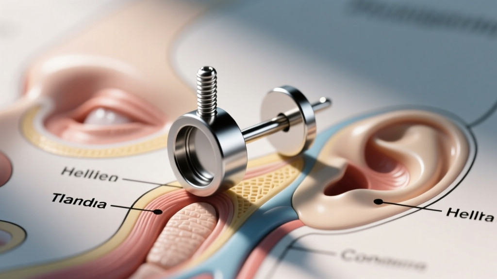 Close-up macro shot of an 18-gauge implant-grade titanium flat-back earring with a threaded top resting on a detailed piercing map