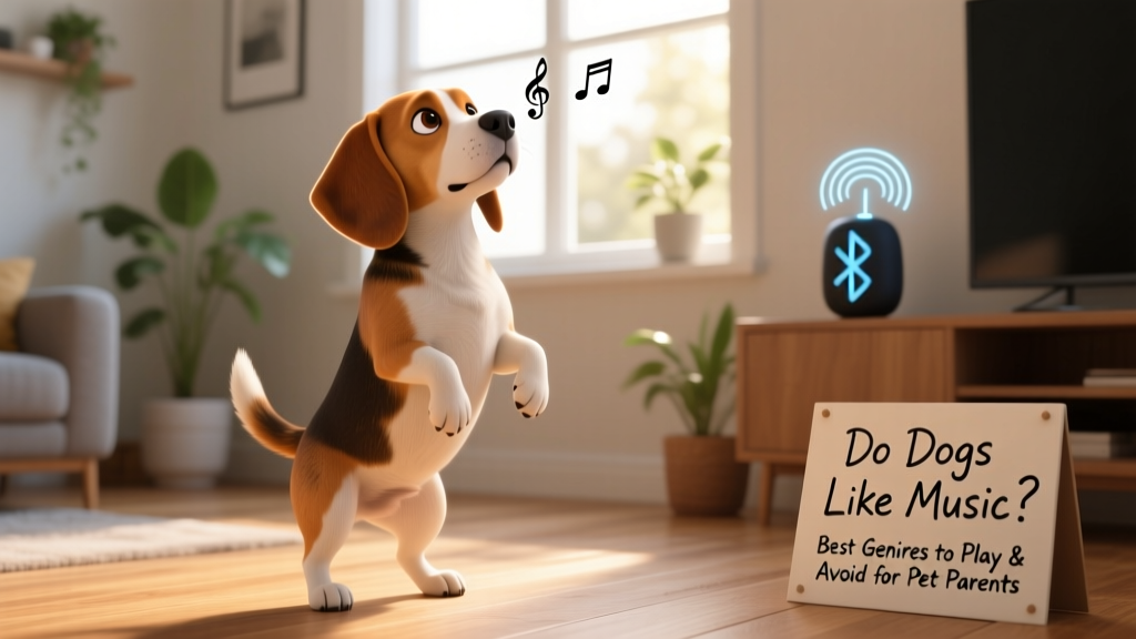 A curious Beagle standing on hind legs, ears perked, as if listening intently to nearby music