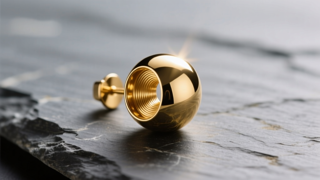 Close-up of a 14k solid gold earring ball on slate, showing internal threading and mirror finish under warm light