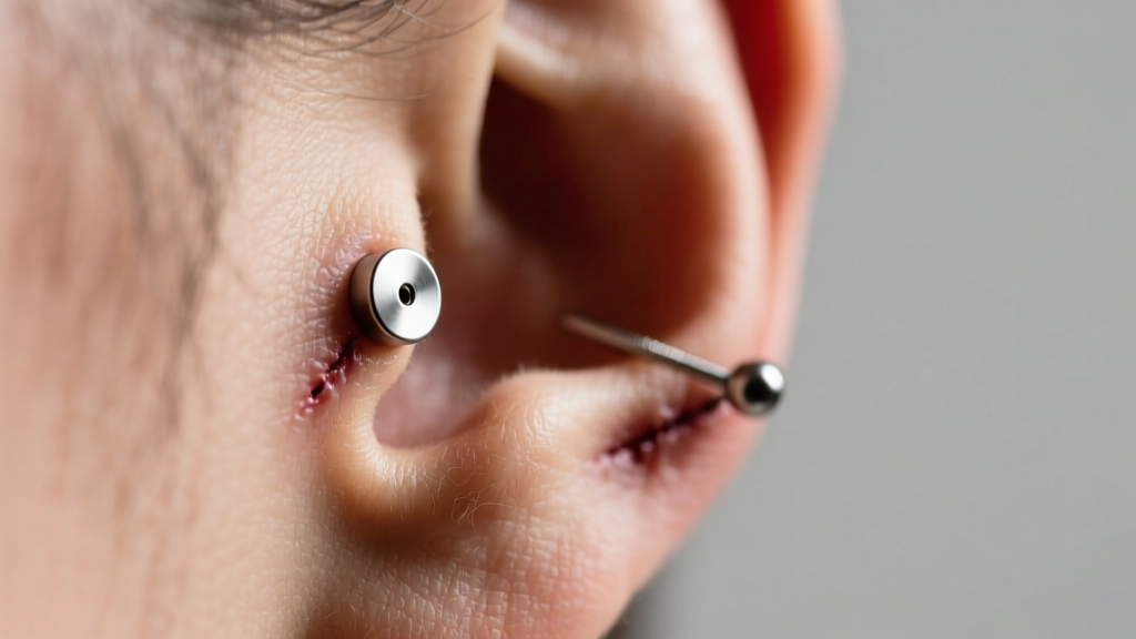 Close-up of a healed anti tragus piercing with a 16-gauge titanium flat back labret, soft studio lighting.