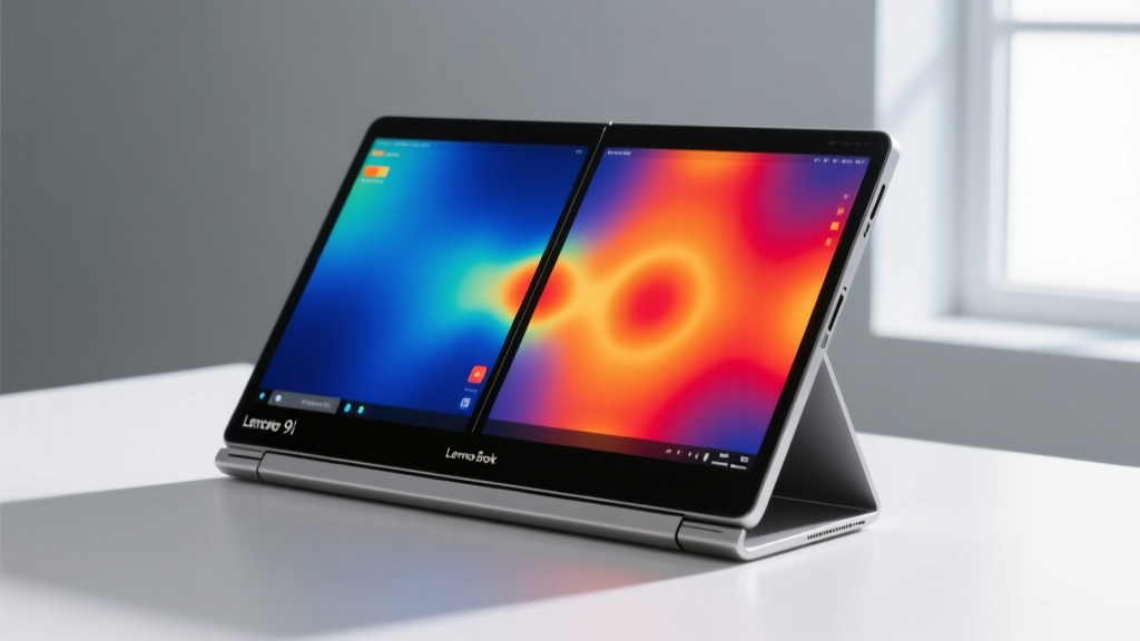 Thermal camera overlay of Lenovo Yoga Book 9i running intensive tasks, showing heat dissipation across dual OLED panels.