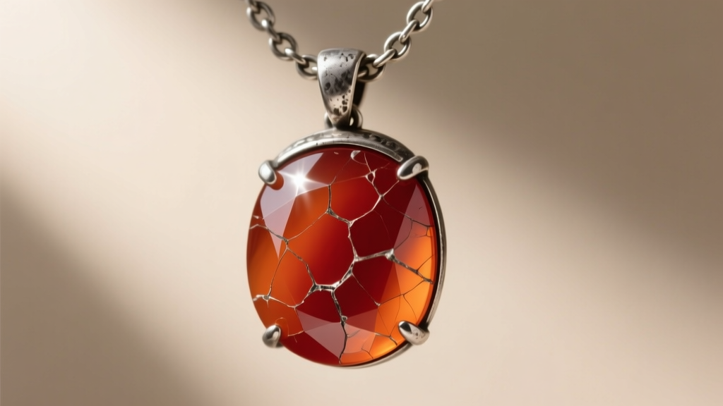 Close-up of a cracked carnelian pendant on an oxidized silver chain, revealing surface fractures and faded orange dye in sunlight.