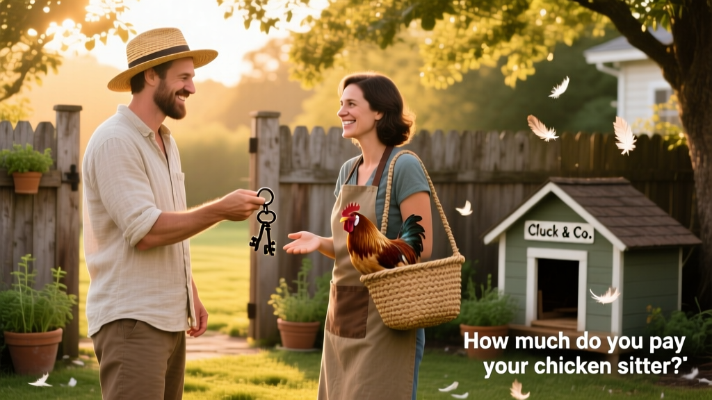 A smiling chicken owner handing over coop keys to a warm, trustworthy-looking chicken sitter at a sunny backyard entrance